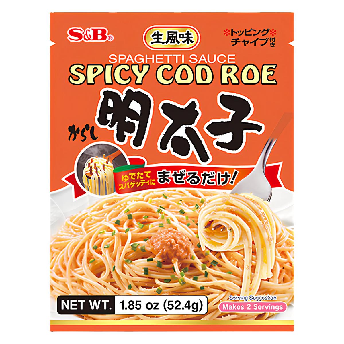 S&B Mentaiko spaghetti sauce, 52.4g pack, front showing spicy cod roe and 明太子