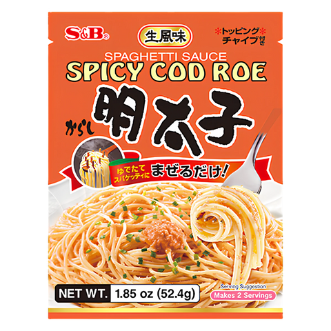 S&B Mentaiko spaghetti sauce, 52.4g pack, front showing spicy cod roe and 明太子