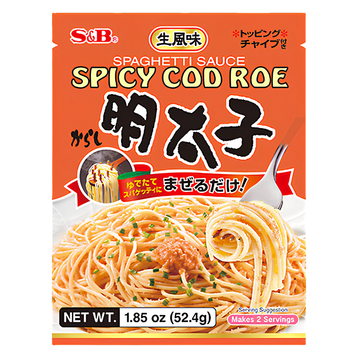 S&B Mentaiko spaghetti sauce, 52.4g pack, front showing spicy cod roe and 明太子