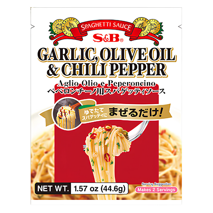 S&B Peperoncino spaghetti sauce, 44.6g pack, front showing garlic, olive oil and chilli pepper