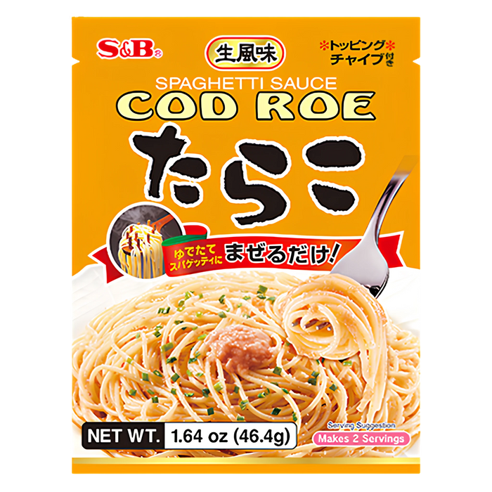 S&B Tarako spaghetti sauce, 46.4g pack, front showing cod roe and たらこ