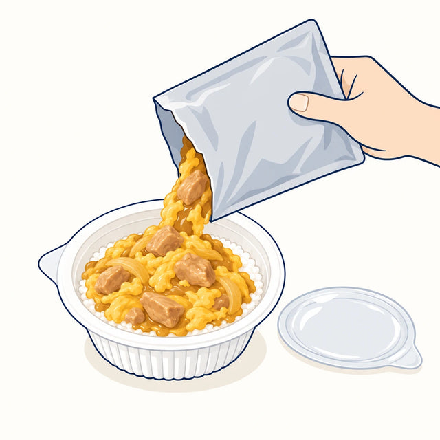 Take the lid right off the rice bowl — completely off, not peeled back halfway, or the container can burst in the microwave. Tip the whole pouch of chicken and egg over the rice and level it out; it heats through with the rice, so nothing goes in on its own.