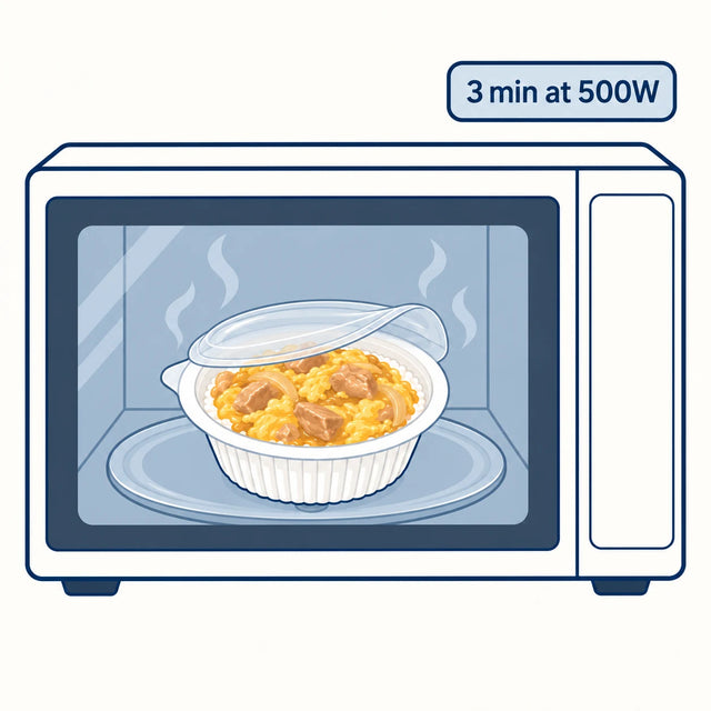 Use the line that matches your microwave: three minutes at 500W, two and a half at 600W, a minute and a half at 1000W. Most Australian microwaves are 1000W or near it — check the plate inside the door. Check the middle before you give it any longer.