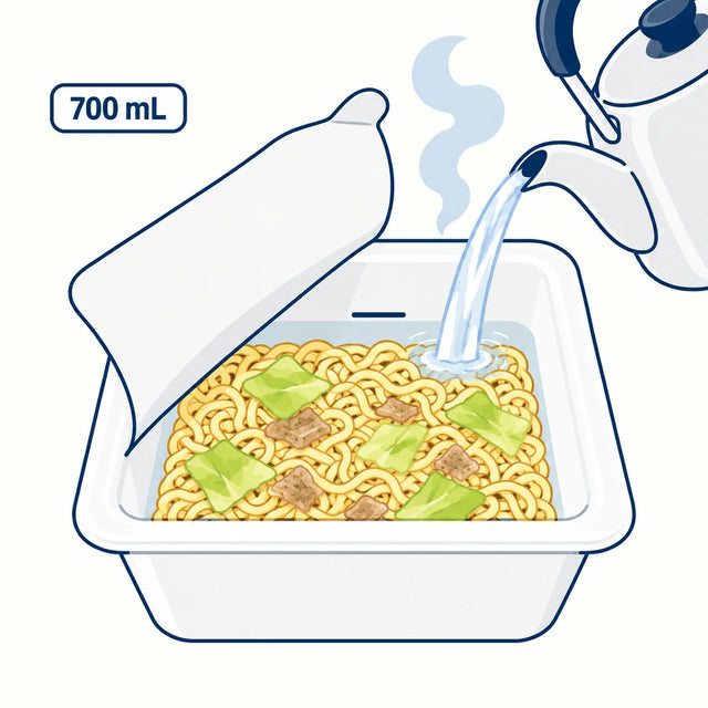 Boil more water than you think: this cup takes 700 mL, and running short is how you end up with hard noodles.
