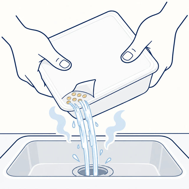 The lid is the strainer. Peel the marked tab and pour the water out through the holes underneath, keeping the lid pressed down: the cup is heavy and the water is still boiling.
