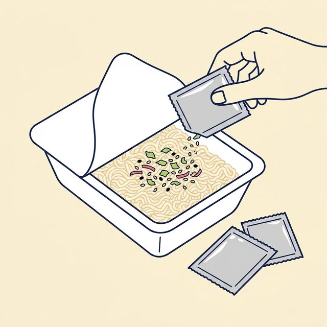The dried garnish goes onto the noodles before the water; the sauce and the pepper sachet both wait until after you have drained.