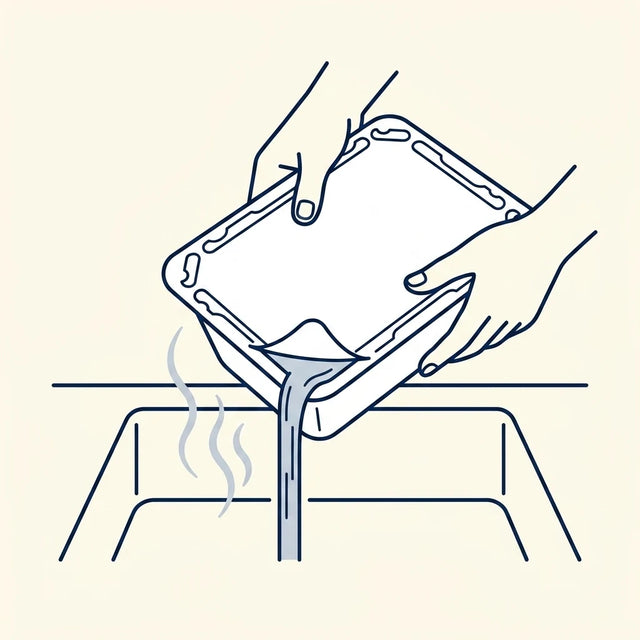 Peel open the corner spout, press the lid down at the two star marks and tip the water out slowly over the sink; the tray is heavy and hot when it is full.