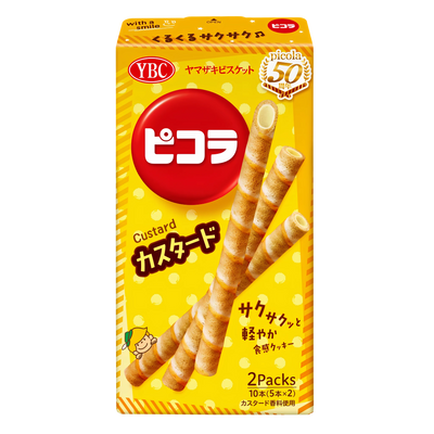 YBC Picola Custard box, front of pack with the 50th anniversary badge