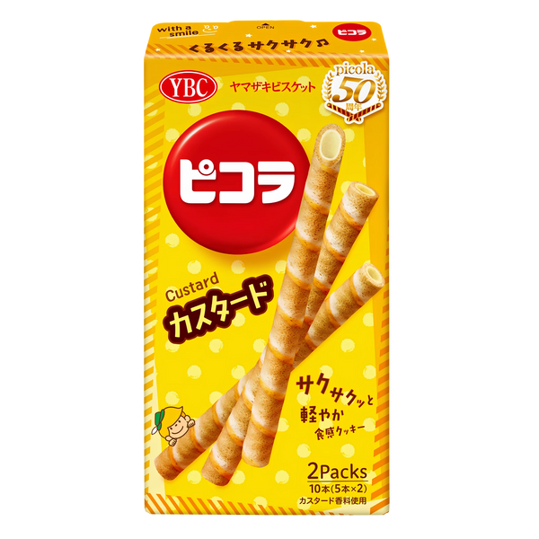 YBC Picola Custard box, front of pack with the 50th anniversary badge